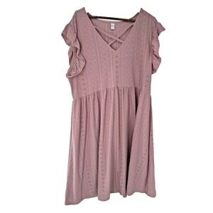 Brown Coco 3X Dusty Rose Eyelet Flutter Sleeve Crisscross Dress Mini Cottagecore